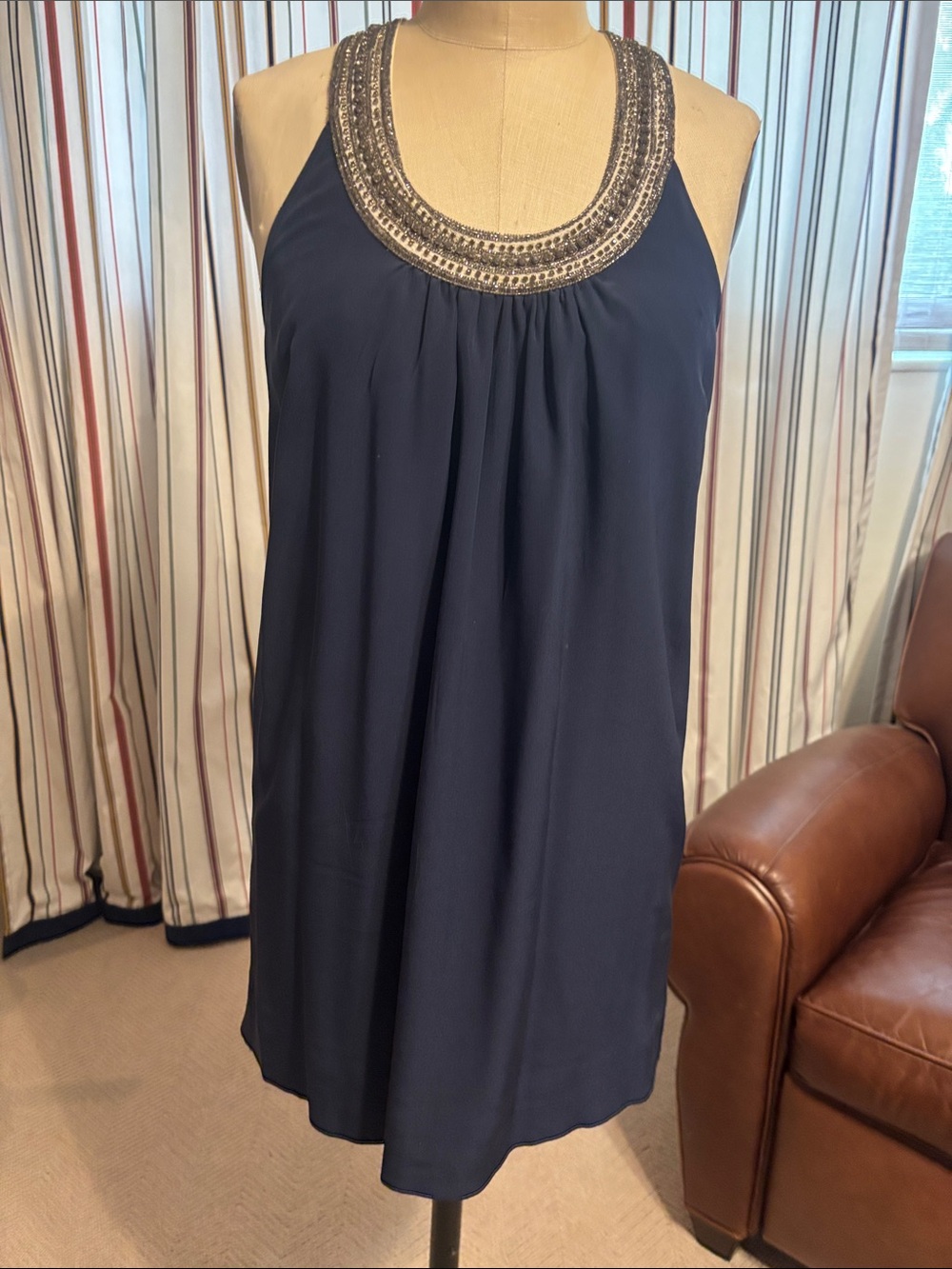 Joie Navy Midi Dress with Embellished Neckline